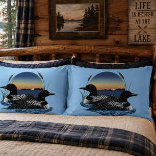Funda De Cojín Pareja de somorgujos atardecer lago azul vida silv