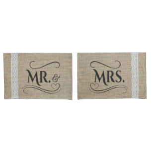 Funda De Cojín Pares de Sr. y de señora Rustic Burlap Country