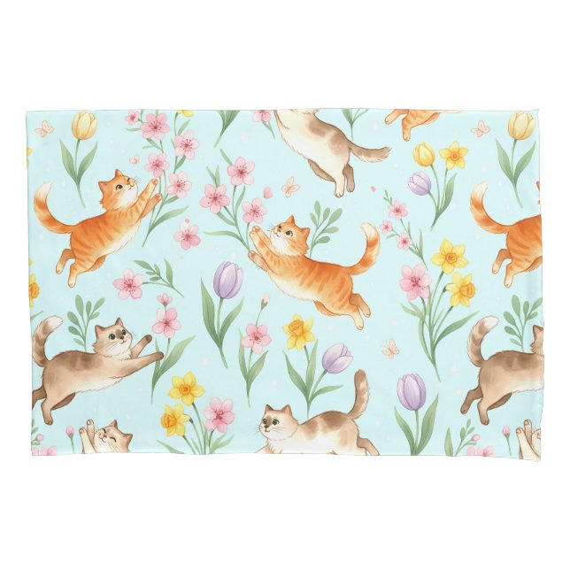 Funda De Cojín Paseo primaveral – Gatos juguetones y flores (Anverso)