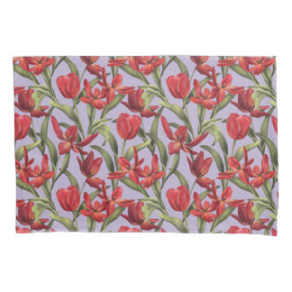 Funda De Cojín Pastel Lilac fondo con tulipanes rojos
