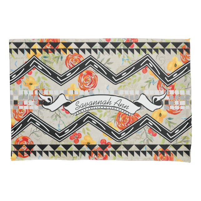 Funda De Cojín Patrón azteca floral rojo y Naranja personalizado (Anverso)