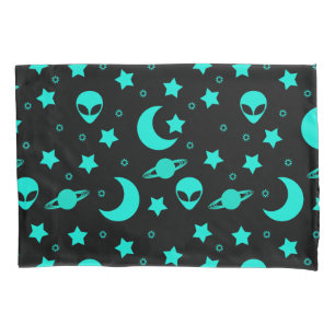 Funda De Cojín Patrón de Alien Turquesa con Estrellas y Lunas