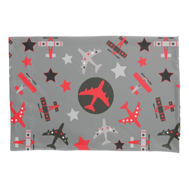 Funda De Cojín Patrón de aviones Gris Rojo (Anverso)