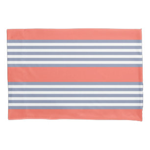Funda De Cojín Patrón de cinco rayas azul-gris con coral vivo