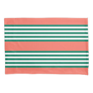Funda De Cojín Patrón de cinco rayas verdes y blancas con coral