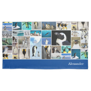 Funda De Cojín Patrón de Collage de fotos pingüino corto con nomb