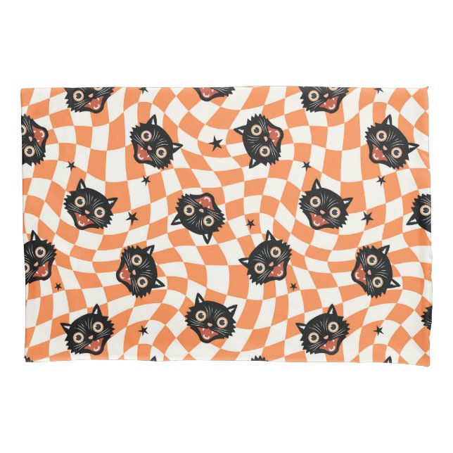 Funda De Cojín Patrón de comprobación de Naranja de gato negro re (Anverso)