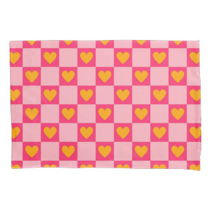 Funda De Cojín Patrón de corazones a cuadros rosa rojo amarillo a