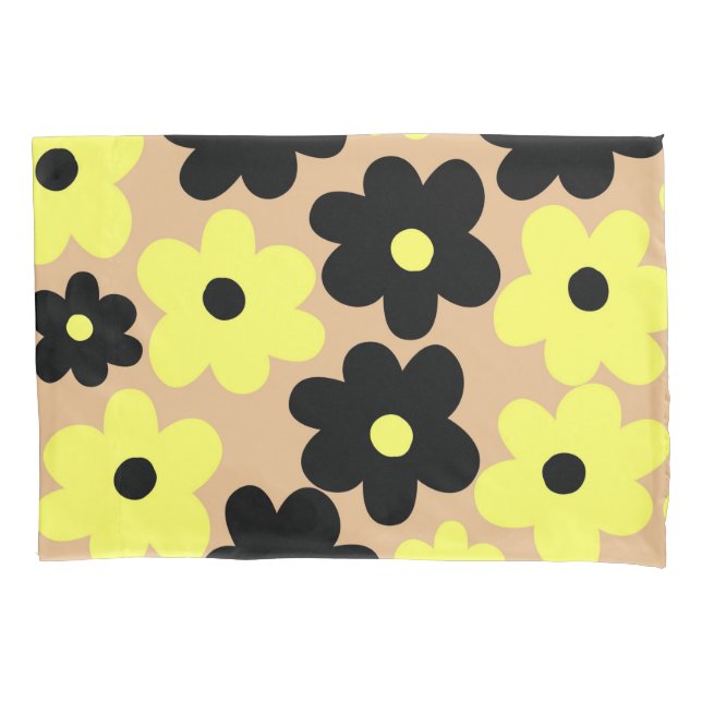 Funda De Cojín Patrón de flor hippie amarillo-negro (Anverso)