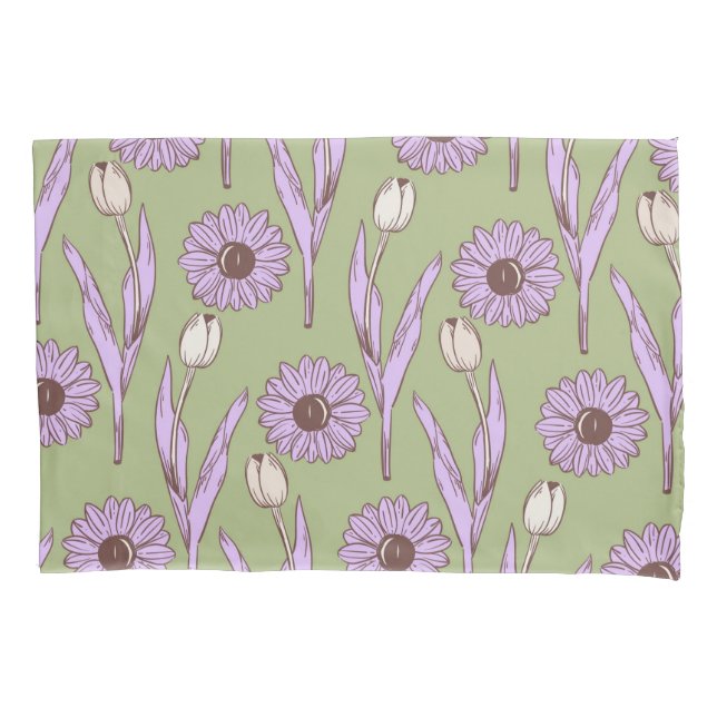 Funda De Cojín Patrón de flor retro funky hippie verde púrpura Y2 (Anverso)