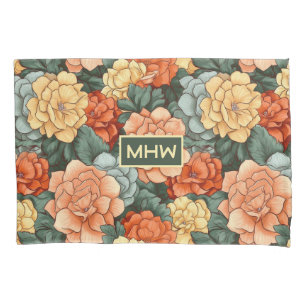 Funda De Cojín Patrón de flores coloreadas monograma personalizad