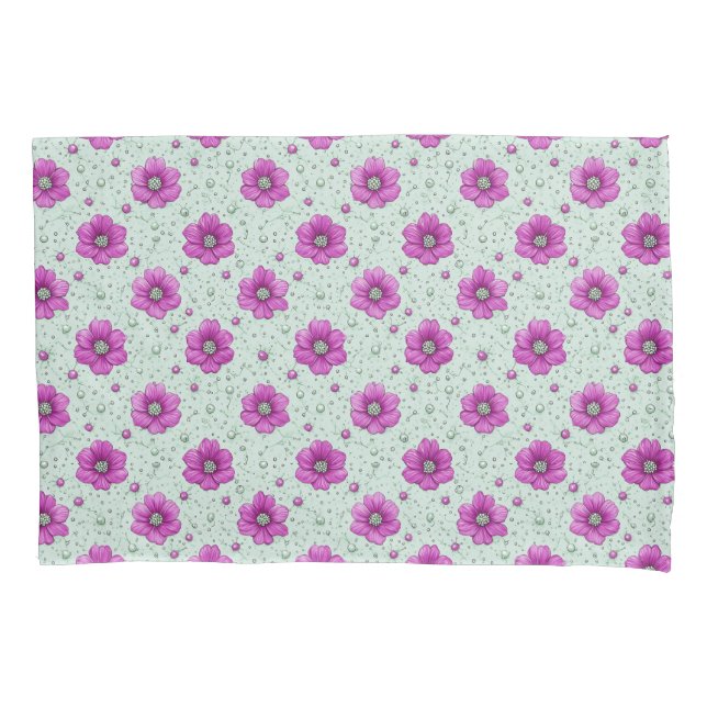 Funda De Cojín Patrón de flores rosadas con gotas (Anverso)