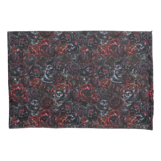 Funda De Cojín Patrón de gato negro gótico y flores oscuras (Anverso)