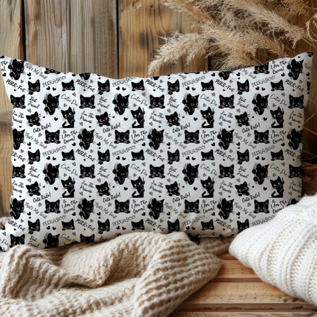 Funda De Cojín Patrón de gatos y dichos negros (Cute Black Cats and Sayings with Hearts Pattern  for Cat Lovers and Halloween Pillowcase)