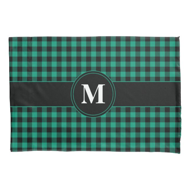 Funda De Cojín Patrón De Gingham Verde Y Negro Monograma (Anverso)