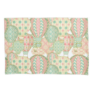 Funda De Cojín Patrón de globos de aire caliente Pastel Pink y Aq