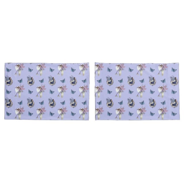 Funda De Cojín Patrón de hadas y mariposas sobre pervinca (Reverso-Set)