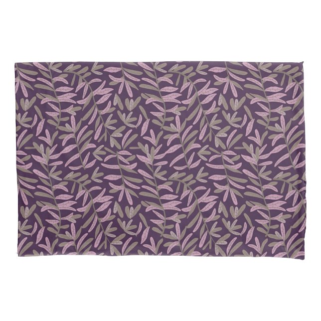 Funda De Cojín Patrón de hoja rosa y verde sobre fondo morado osc (Anverso-izquierdo)