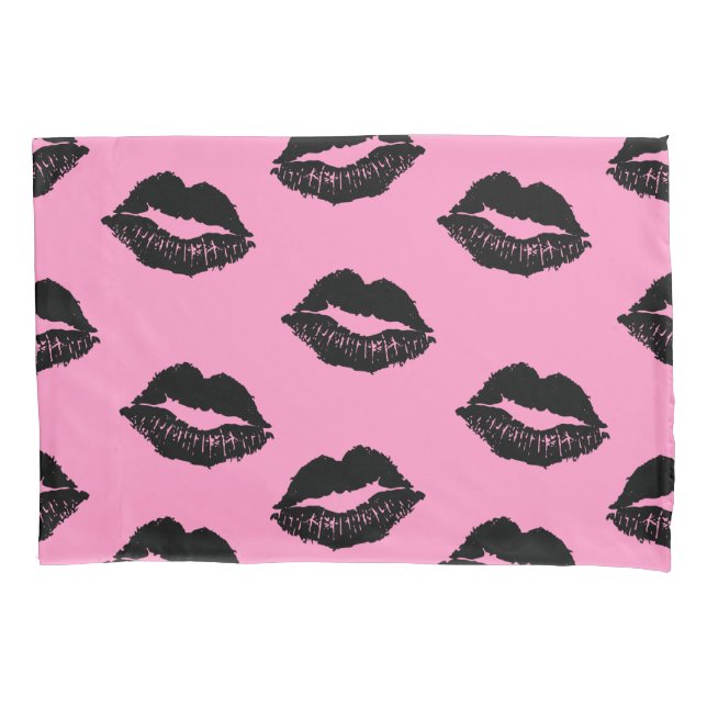 Funda De Cojín Patrón de labios negro y rosa (Anverso)