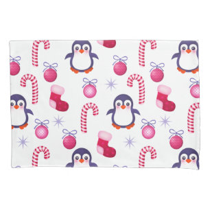 Funda De Cojín Patrón de Navidades blancos y rosados con pingüino