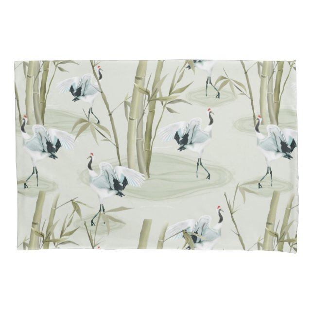 Funda De Cojín Patrón de pájaro de Bambú de arte asiático japonés (Anverso)