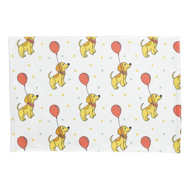 Funda De Cojín Patrón de Perros Felices con Globos (Anverso)