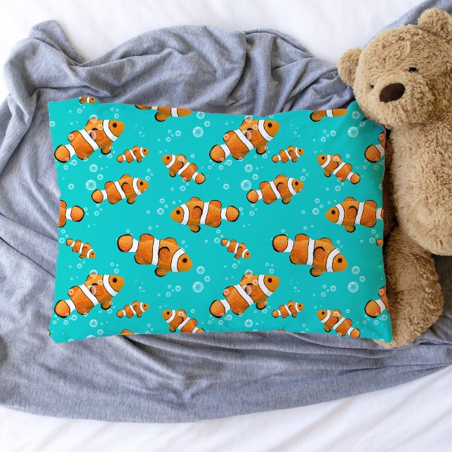 Funda De Cojín Patrón de pez globo tropical y burbujas (Tropical Clownfish Pattern Pillowcase)