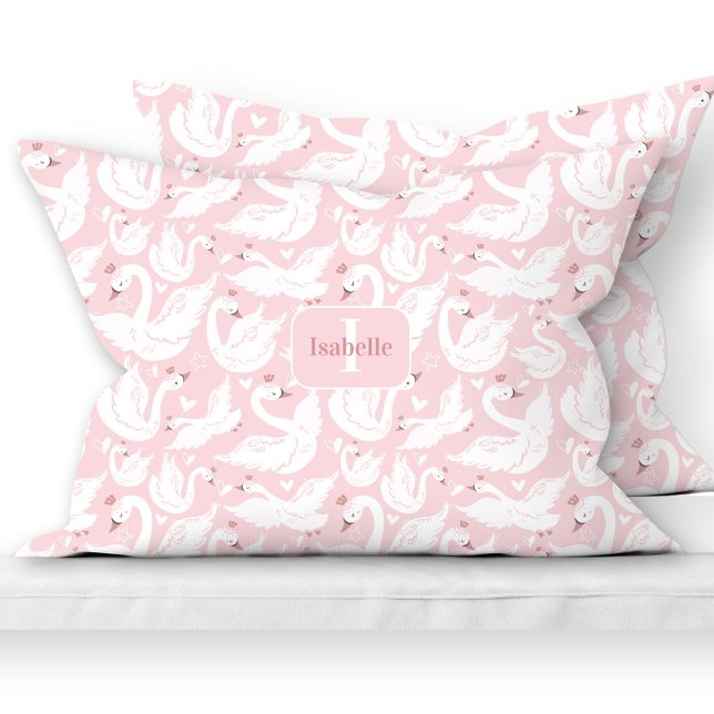 Funda De Cojín Patrón de princesas de cisne cúrcuma Nombre rosa M (Cute Swan Princess Pattern Pink Name Monogram Girl Pillow Case)