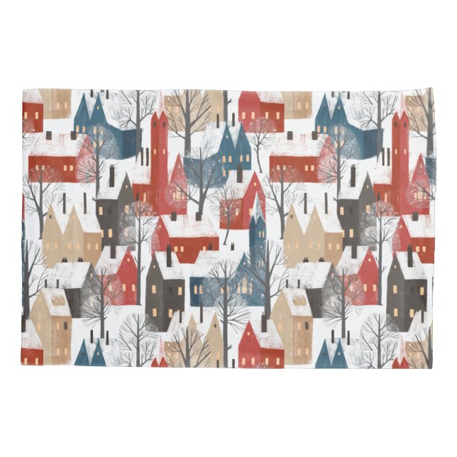 Funda De Cojín Patrón de pueblo invernal nórdico (Reverso)