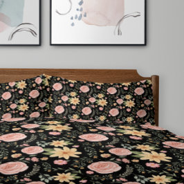 Funda De Cojín Patrón de Rosa de flores silvestres de color negro