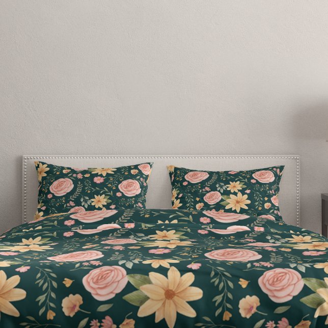 Funda De Cojín Patrón de Rosa de flores silvestres verdes de esme (Green Emerald Vintage Wildflower Rose Pattern Pillow Case)