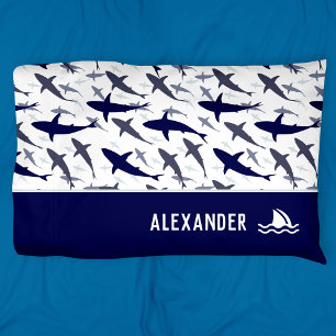 Funda De Cojín Patrón de tiburón azul y blanco con nombre Boy