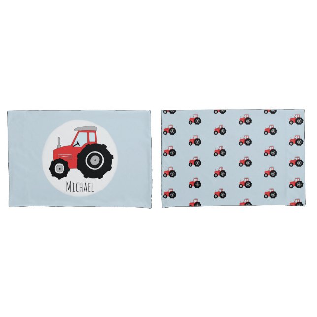 Funda De Cojín Patrón de tractor rojo del niño con nombre de niño (Anverso - Set)