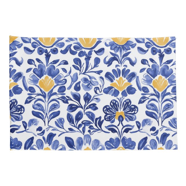 Funda De Cojín Patrón floral azul y dorado mediterráneo (Reverso-derecho)