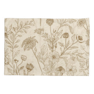 Funda De Cojín Patrón floral de arte de línea botánica sepia anti