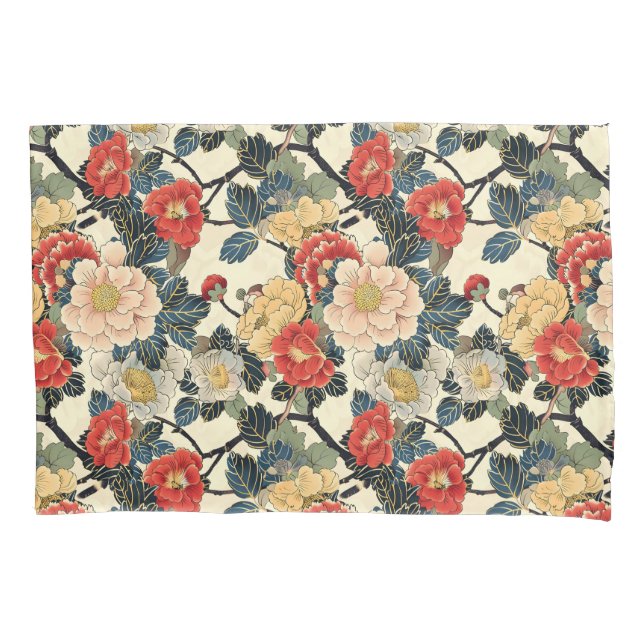 Funda De Cojín Patrón floral de arte Ukiyo-E japonés (Anverso)