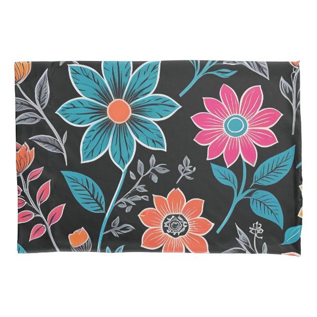 Funda De Cojín Patrón floral de Linoprint colorido (Anverso)
