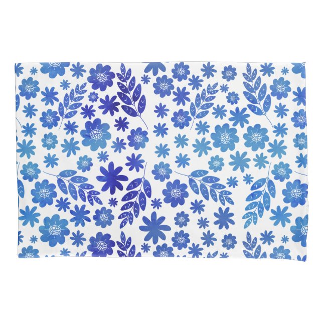 Funda De Cojín Patrón floral dibujado con la mano de China azul (Anverso-izquierdo)