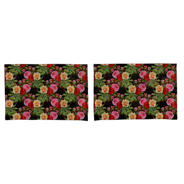 Funda De Cojín Patrón floral Flores Rosas Rojo Rosa Verde Amarill (Anverso - Set)
