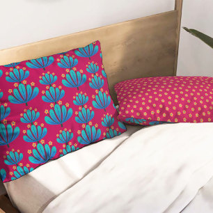 Funda De Cojín Patrón floral moderno en rojo rubí y azul