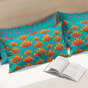 Funda De Cojín Patrón floral moderno en turquesa y naranja