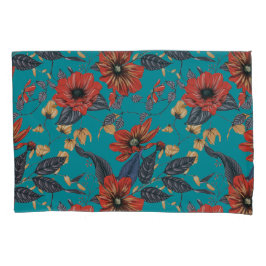 Funda De Cojín Patrón floral verde azulado y rojo