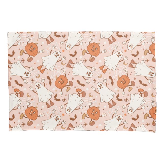 Funda De Cojín Patrón Fun Retro Ghost & Jack-O-Lantern (Anverso)