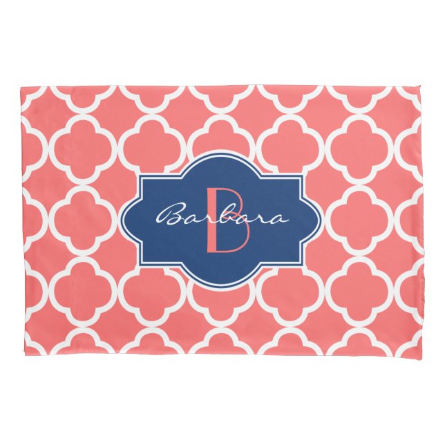 Funda De Cojín Patrón geométrico de cuartil de coral y blanco (Anverso)