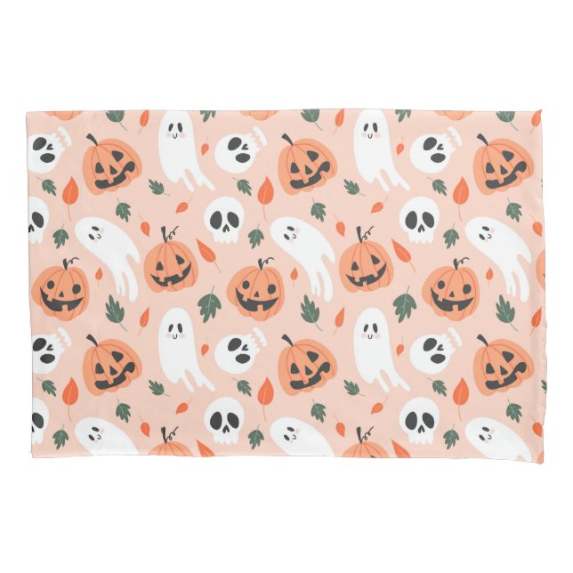Funda De Cojín Patrón Jack-O-Lantern y fantasma (Anverso)