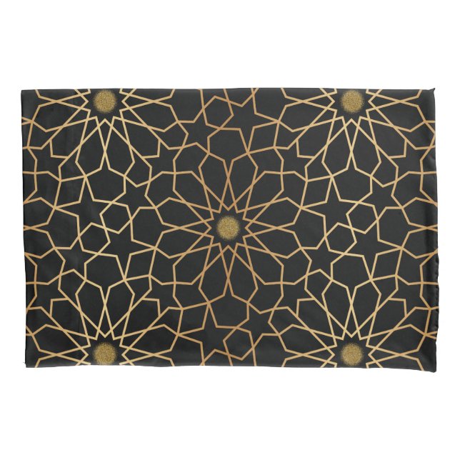Funda De Cojín Patrón marroquí moderno dorado negro mediterráneo (Anverso)