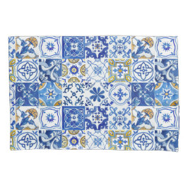 Funda De Cojín Patrón mediterráneo floral azul, blanco y amarillo