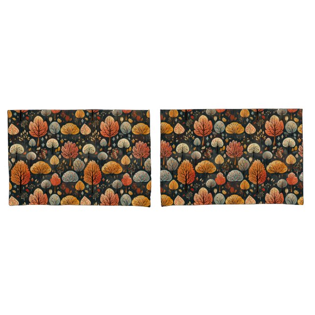 Funda De Cojín Patrón oscuro otoño hojas naranja otoño bosque (Anverso - Set)