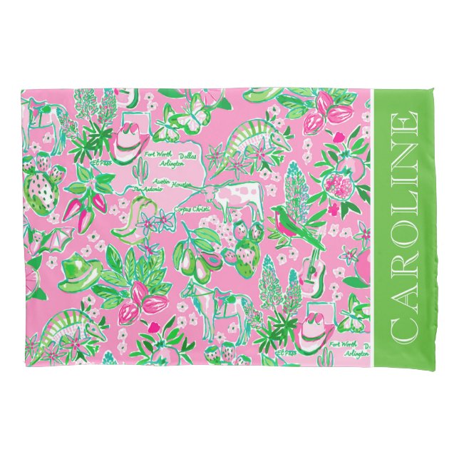 Funda De Cojín Patrón Preppy verde y rosa de mapa de Texas person (Anverso)