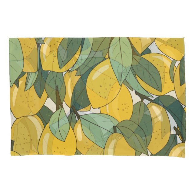 Funda De Cojín Patrón tropical con lémones amarillos. (Anverso)